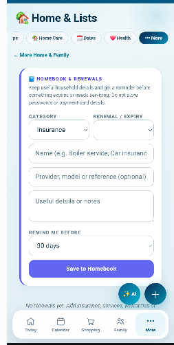 Homebook and renewals screen