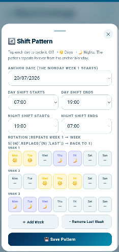 Shift pattern setup